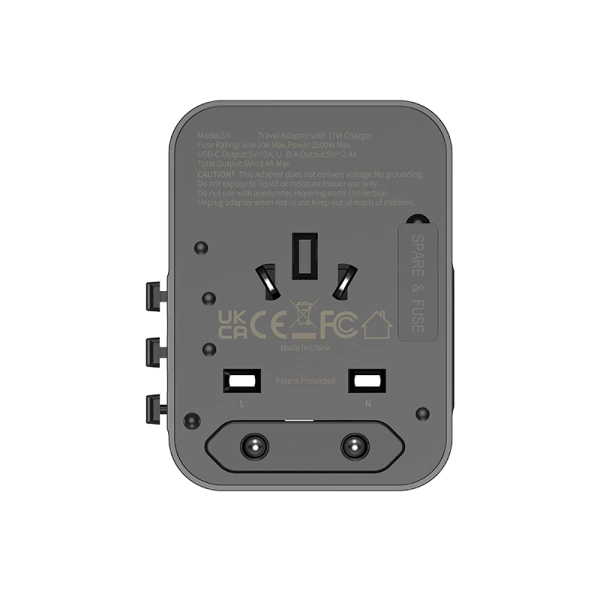 JELLICO uniwersalny adapter podróżny S9 PD 2xUSB-C + 1xUSB 3.4A Max 2500W Czarny