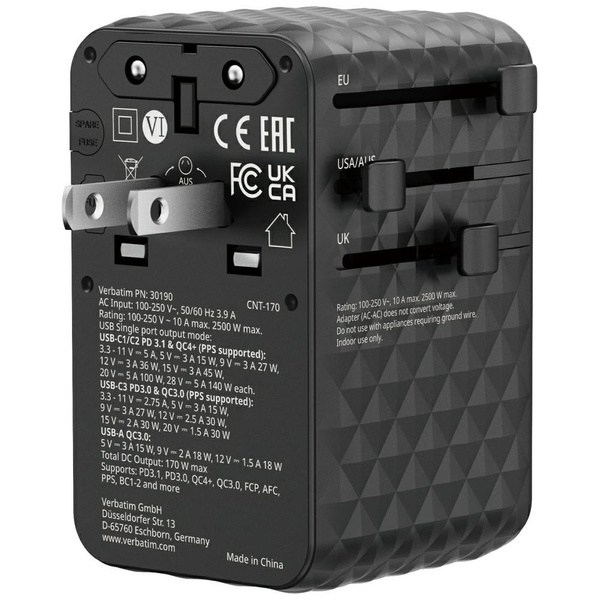 Verbatim Adapter podróżny EU/UK/US GaN   2xUSB-A/3xUSB-C PD 170W czarny 30190