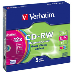 Płyta CD-RW Verbatim COLOUR SL 700MB 8-12X 5szt wielokolorowy 43167