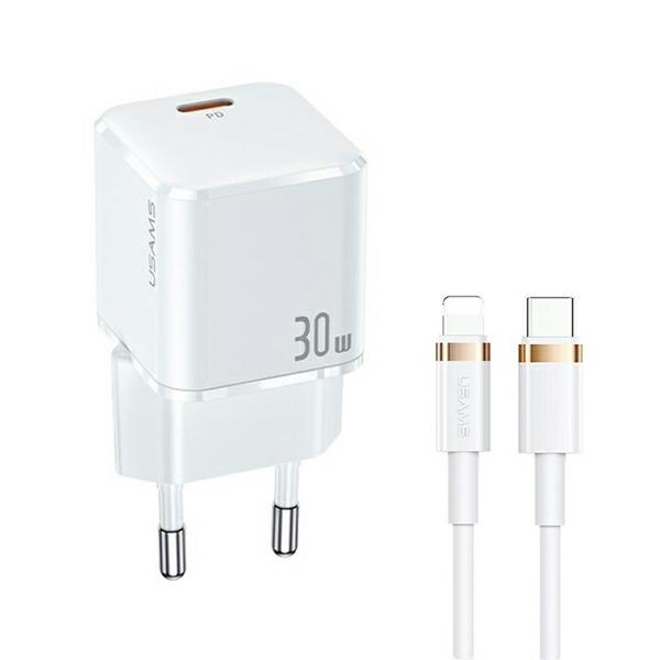 USAMS Ład. siec. 1xUSB-C T45 30W PD3.0 Fast Charging +kabel U63 USB-C/Lightning biały/white UXTZH02 (USAMS-UX)