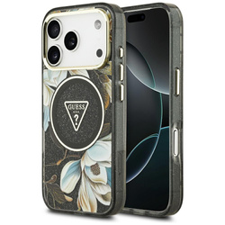 Etui Guess IML Glitter Flowers Triangle  MagSafe do iPhone 17 Pro Max czarny