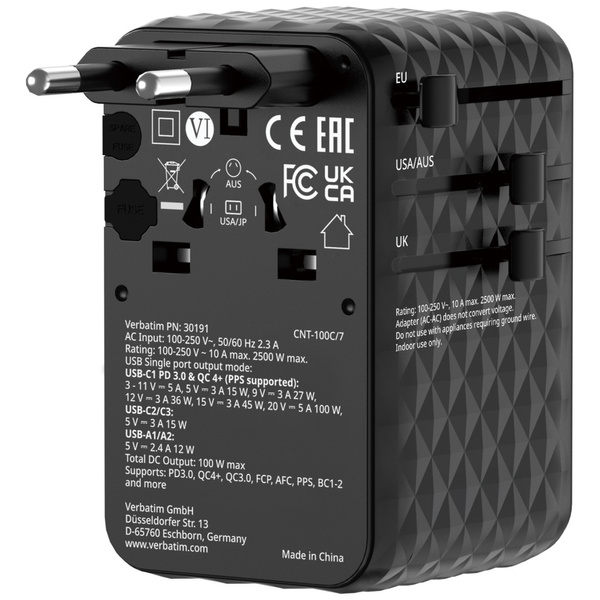 Verbatim Adapter podróżny EU/UK/US GaN   2xUSB-C/2xUSB-A/1xUSB-C PD 100W czarny 30191