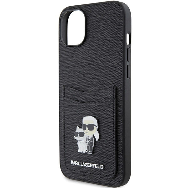 Karl Lagerfeld Saffiano Cardslot Karl&amp;Choupette Metal Pin case for iPhone 15 - black