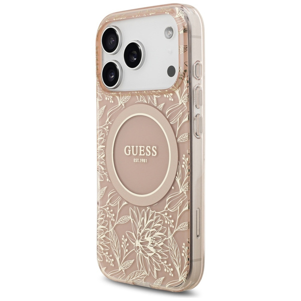 Etui Guess IML Flowers Electro Pearl Strap MagSafe do iPhone 17 Pro różowy
