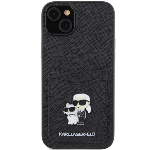 Karl Lagerfeld Saffiano Cardslot Karl&amp;Choupette Metal Pin case for iPhone 15 - black