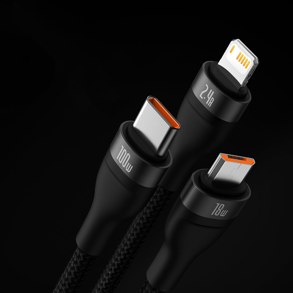 BASEUS FLASH SERIES Ⅱ ONE-FOR-THREE FAST CHARGING DATA CABLE USB TO M+L+C 100W 1.2M BLACK