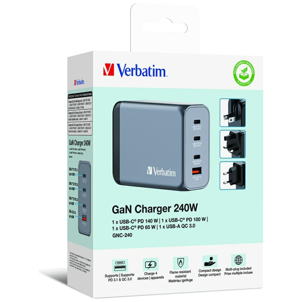 Verbatim Ładowarka sieciowa GaN 240W3xUSB-C/USB-A + Adapter EU/UK/US GNC-240 32205