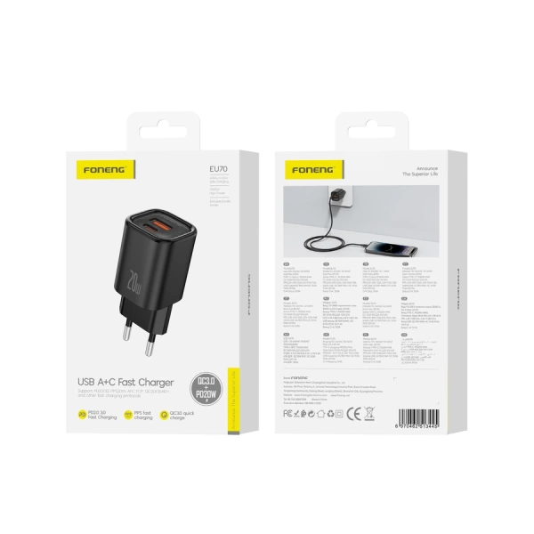 FONENG ładowarka sieciowa EU70 PD 20W 1xUSB-C + 1xUSB QC3.0 Czarny