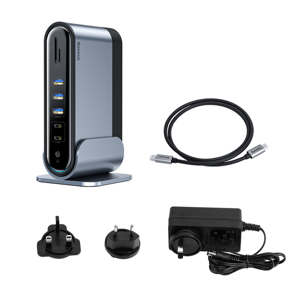 HUB Baseus CAHUB-DG0G 3x USB 3.2 Gen 1 / 2x USB-A / 2x USB-C / czytnik kart SD, micro SD / AUX / 3x HDMI / RJ45 PD 100W (wtyczki EU / CN / UK) - szary