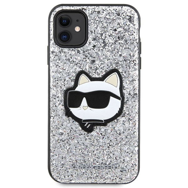 Etui Karl Lagerfeld Glitter Choupette Patch na iPhone 11 / Xr - srebrne