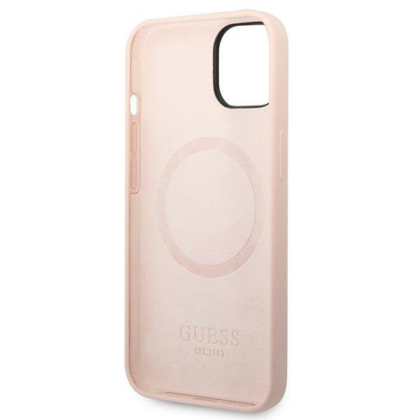 Guess GUHMP14MSBPLP iPhone 14 Plus/ 15 Plus 6.7" różowy/pink hard case Silicone Logo Plate MagSafe