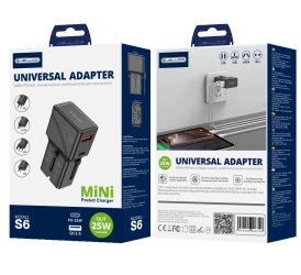 JELLICO uniwersalny adapter podróżny S6 PD 25W 1xUSB-C + 1xUSB QC3.0 Czarny
