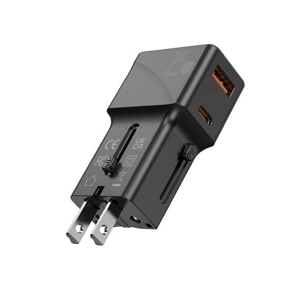 JELLICO uniwersalny adapter podróżny S6 PD 25W 1xUSB-C + 1xUSB QC3.0 Czarny