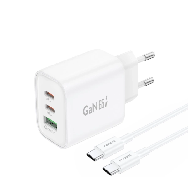 FONENG wall charger GaN10-EU GaN PD 65W 2xUSB-C + 1xUSB QC3.0 + cable USB-C - USB-C White