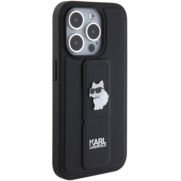 Karl Lagerfeld Gripstand Saffiano Choupette Pins case for iPhone 15 Pro Max - black