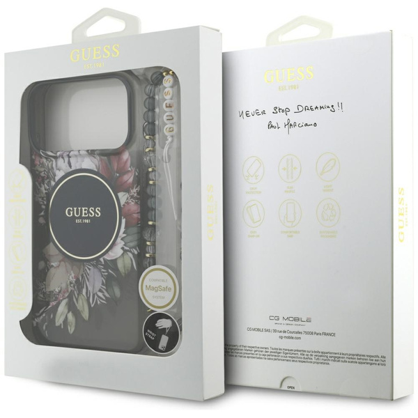 Etui Guess IML Flowers Pearl Strap       MagSafe do iPhone 17 Pro Max czarny