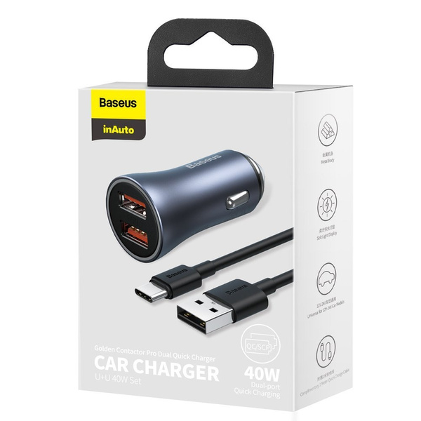 Baseus Golden Contactor Pro fast car charger 2x USB 40 W Quick Charge SCP FCP AFC + USB cable - USB Type C gray (TZCCJD-A0G)