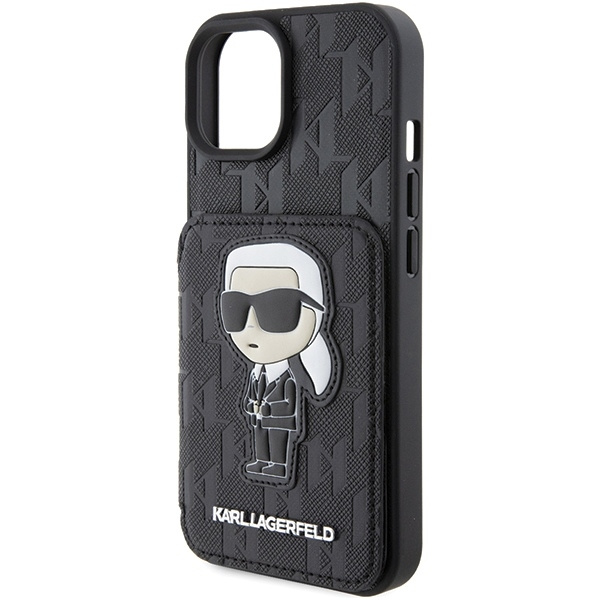Etui Karl Lagerfeld Saffiano Cardslots and Stand Monogram Ikonik Patch do iPhone 15 - czarne