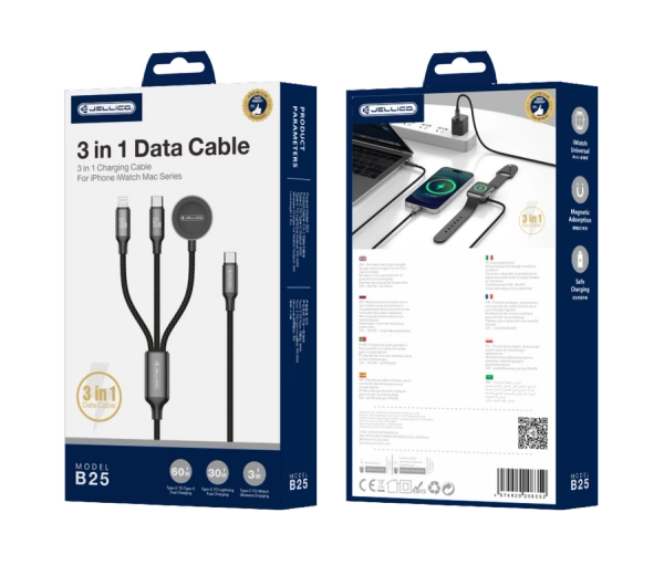 JELLICO kabel B25 3w1 (Apple Watch) 3.1A 1.2M Czarny