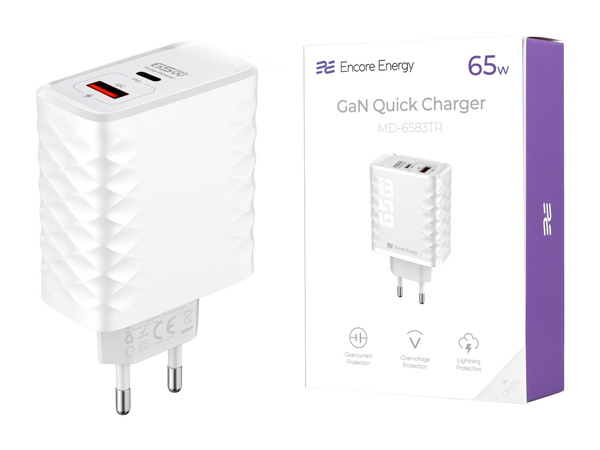 ładowarka sieciowa GaN 65W USB-A + USB-C QC PD Encore Energy MD-6583TR