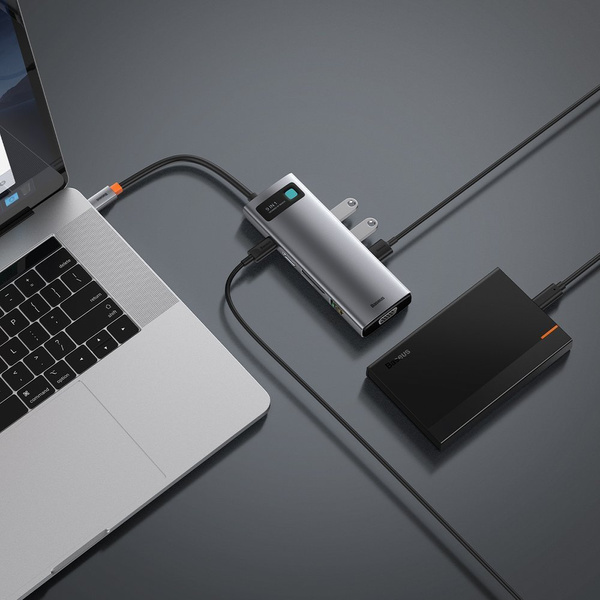 HUB Baseus Metal Gleam 9w1 USB-C - 3x USB 3.2 Gen 1 / USB-C PD 100W / VGA / HDMI / czytnik kart TF, SD / RJ45 - szary (CAHUB-CU0G)