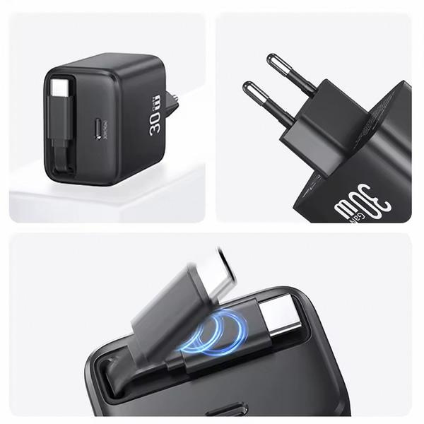 USAMS Ład. siec. 1xUSB-C ze zwijanym kablem USB-C Retractable PD+QC 30W Gan Fast Charging biały/white YC Series CC241TC02 (US-CC241)