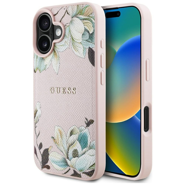 Etui Guess Grained Printed Flower        Pattern MagSafe do iPhone 16 różowy