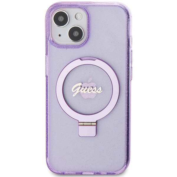 Guess GUHMP15MHRSGSU iPhone 15 Plus / 14 Plus 6.7" fioletowy/purple hardcase Ring Stand Script Glitter MagSafe