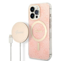 [20 + 1] Zestaw Guess GUBPP13XH4EACSP Case+ Charger iPhone 13 Pro Max różowy/pink hard case 4G Print MagSafe