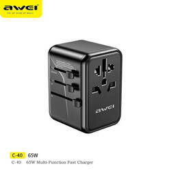 AWEI Adapter siec 2xUSB+3xUSB-C C-40 65W 4w1 US/AU/EU/UK czarny/black Universal Travel GaN Charger