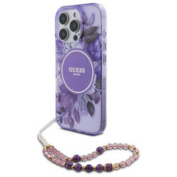 Guess GUHMP16LHFWBRCESU iPhone 16 Pro 6.3" fioletowy/purple hardcase IML Flowers With Pearl Strap MagSafe