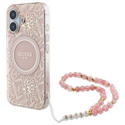 Guess GUHMP16SHCPOFPP iPhone 16 6.1" różowy/pink hardcase IML Flowers Allover Electro With Pearl Strap MagSafe