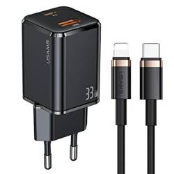 USAMS Ład. siec. 1xUSB-C+1xUSB T43 33W PD3.0 +QC3.0  + kabel U63 USB-C na lightning czarny/black USKTZ01