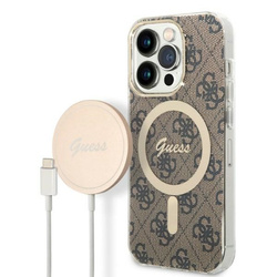 ZESTAW GUESS GUBPP14XH4EACSW CASE+ CHARGER IPHONE 14 PRO MAX 6,7" BRĄZOWY/BROWN HARD CASE 4G PRINT MAGSAFE