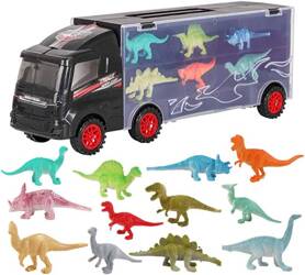 deAO Poręczna ciężarówka do przewozu dinozaurów z kolekcjonerskimi figurkami i zestawem wyścigowym