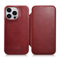 iCarer CE Oil Wax Premium Leather Folio Case skórzane etui iPhone 14 Pro Max z klapką magnetyczne MagSafe czerwony (AKI14220708-RD)