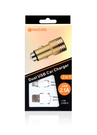 (4576) ŁADOWARKA SAMOCHODOWA MOCOLO 2xUSB FAST CHARGER SREBRNA + KABEL TYP-C 1M BIAŁY