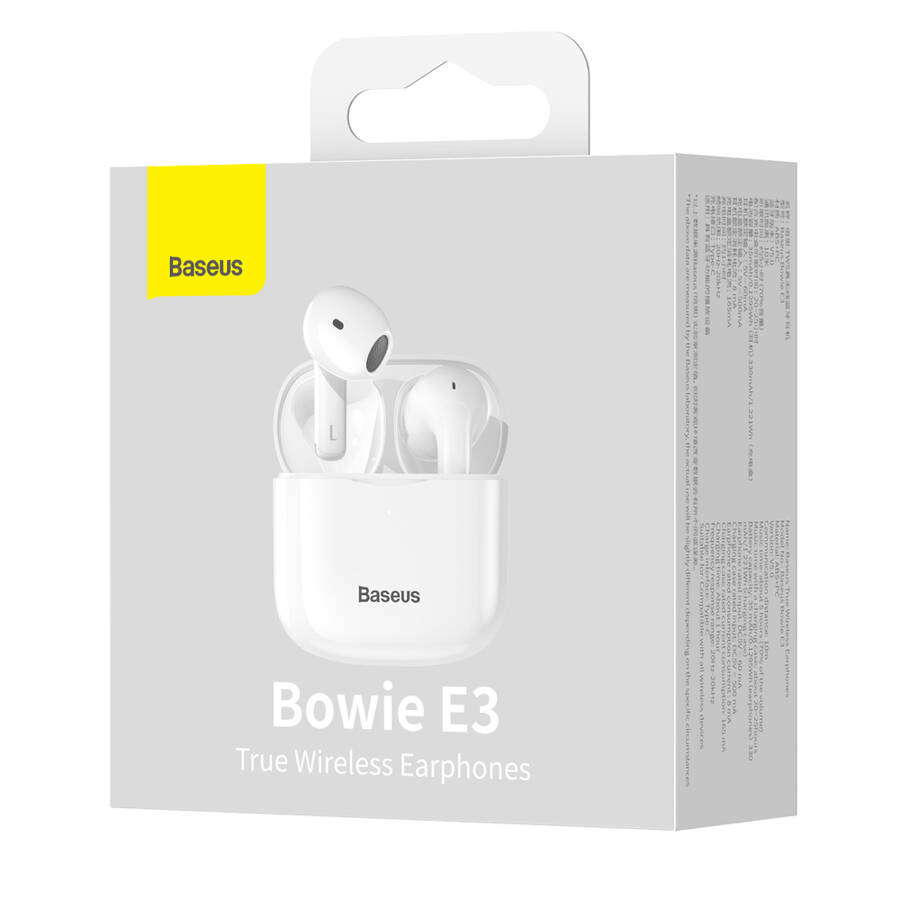 Baseus E3 bezprzewodowe słuchawki Bluetooth 5.0 TWS douszne wodoodporne IP64 biały (NGTW080002)