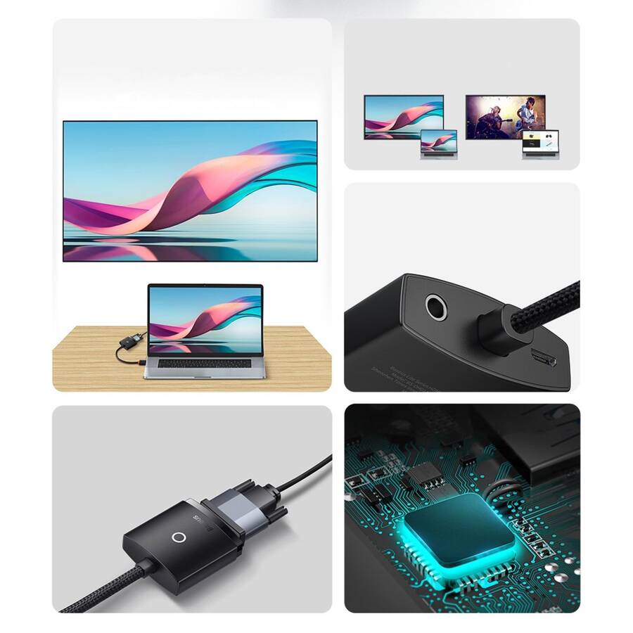 Baseus Lite Series przejściówka adapter HDMI do VGA + mini jack 3,5mm / zasilanie micro USB biały (WKQX010102)