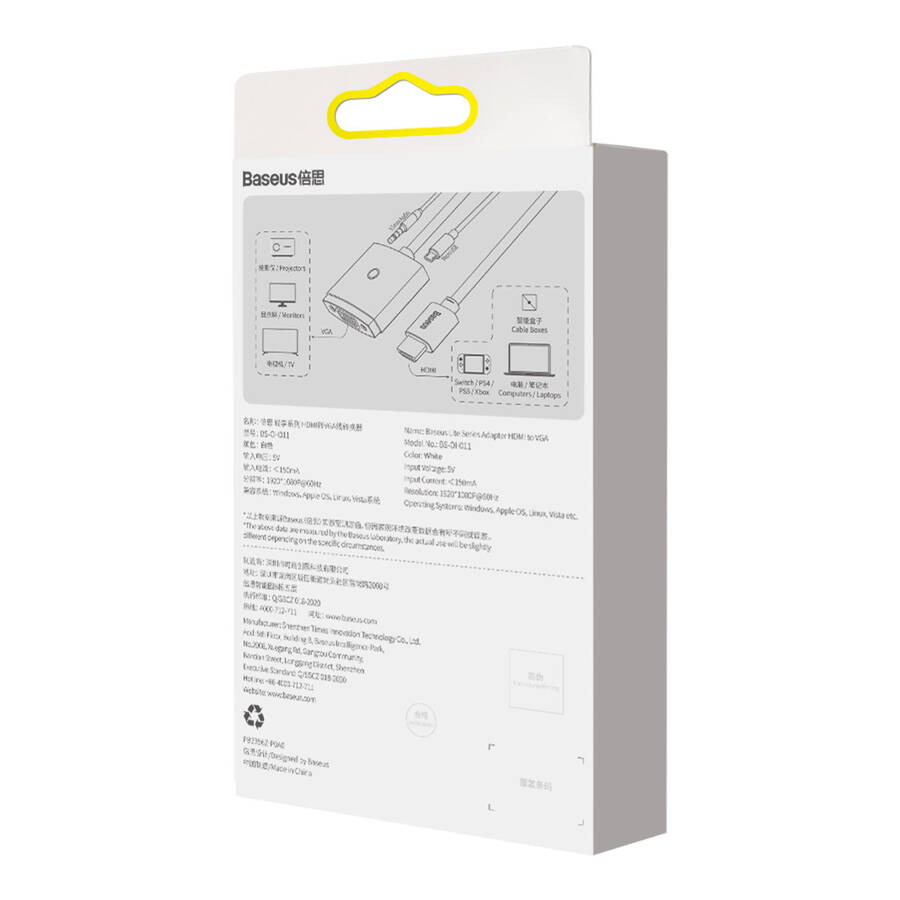 Baseus Lite Series przejściówka adapter HDMI do VGA + mini jack 3,5mm / zasilanie micro USB biały (WKQX010102)