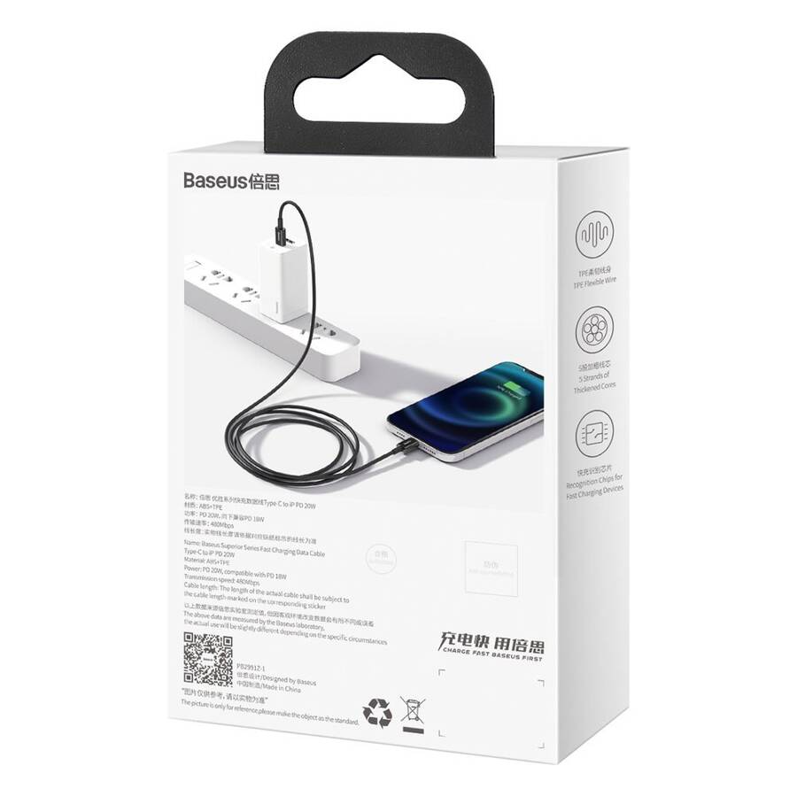 Baseus Superior kabel USB Typ C - Lightning do szybkiego ładowania Power Delivery 20 W 1 m czarny (CATLYS-A01)