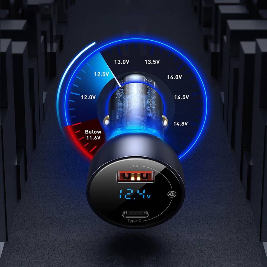Baseus ładowarka samochodowa USB / USB Typ C 65 W 5 A SCP Quick Charge 4.0+ Power Delivery 3.0 ekran LCD + kabel USB Typ C - USB Typ C szary (TZCCKX-0G)