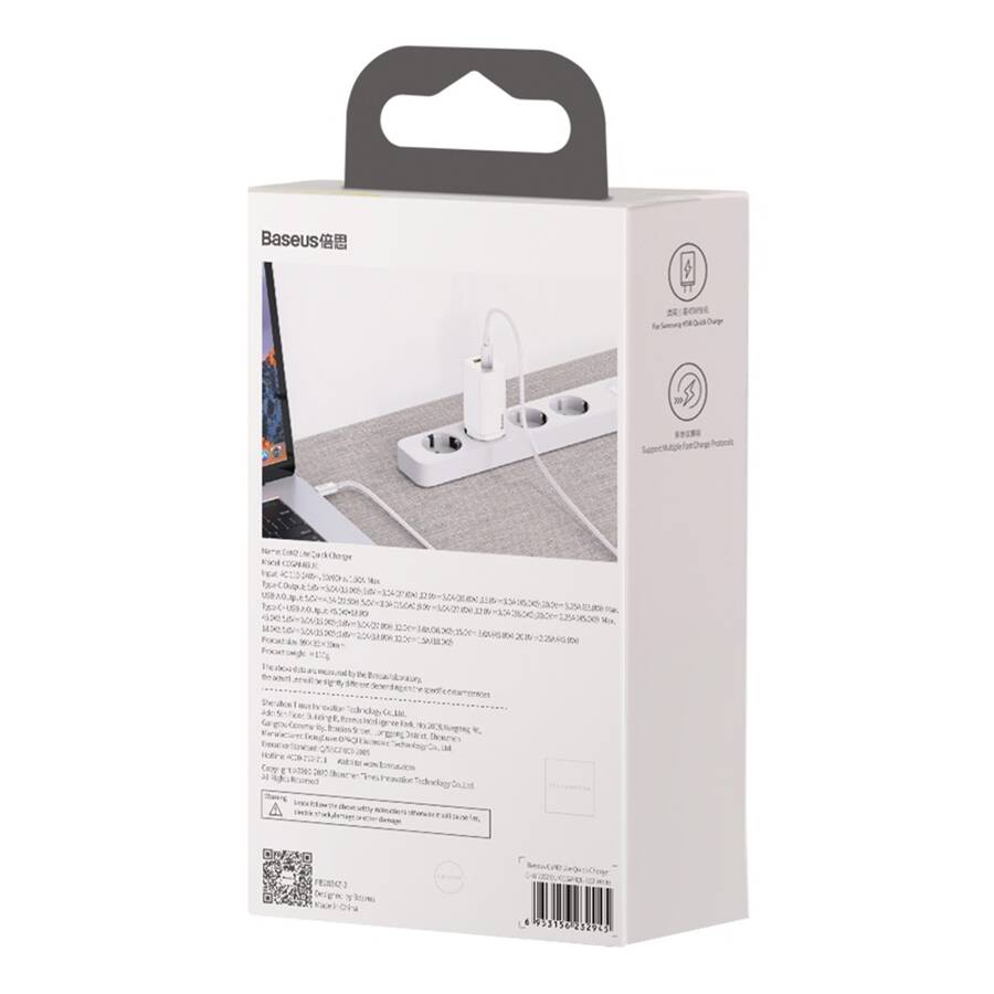 Baseus ładowarka sieciowa GaN2 Lite PD 65W 1x USB-C 1x USB biała