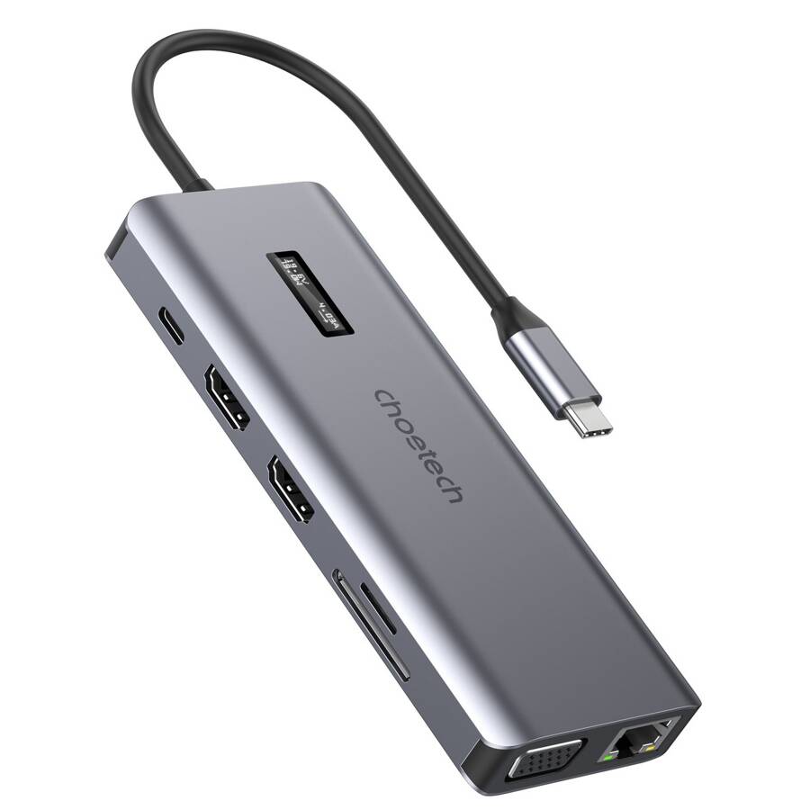 Choetech HUB wielofunkcyjny z wyświetlaczem 12w1 USB-C do USB-C / USB-A / HDMI / VGA / AUX / SD / TF szary (HUB-M26)