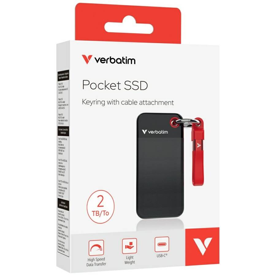 Dysk Zewnętrzny Verbatim Pocket SSD 2TB   - brelok do kluczy z kablem USB-C 3.2 gen.2 czarno-czerwony/black-red 32196