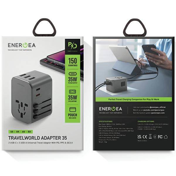 ENERGEA ład. siec. 3xUSB+2xUSB-C PD-PPS-QC 3.0 35.5W 3A2C adapter 4w1 US/UA/EU/UK szary/gunmetal Travelworld