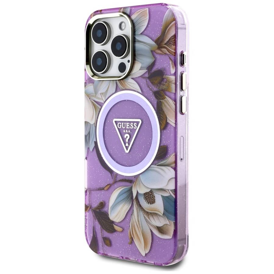 Etui Guess Glitter Flowers Triangle       Buttons MagSafe do iPhone 16 Pro Max fioletowy