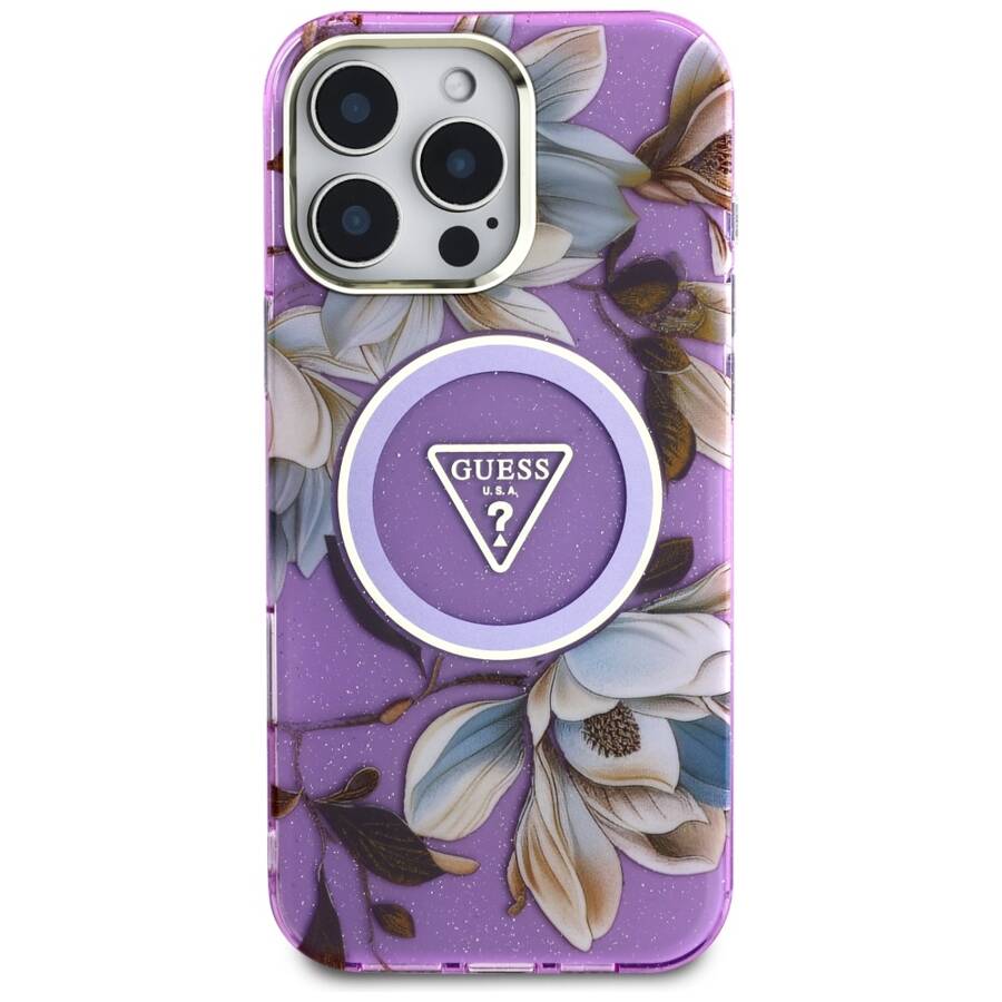 Etui Guess Glitter Flowers Triangle       Buttons MagSafe do iPhone 16 Pro Max fioletowy