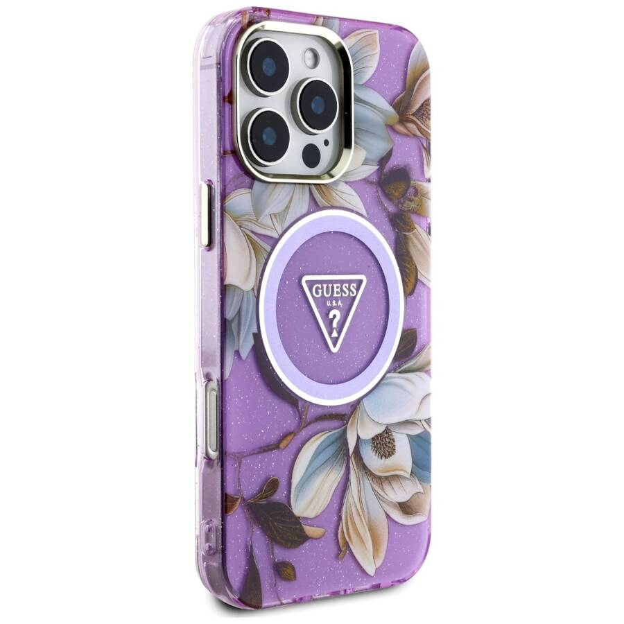 Etui Guess Glitter Flowers Triangle       Buttons MagSafe do iPhone 16 Pro Max fioletowy