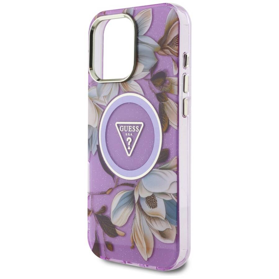 Etui Guess Glitter Flowers Triangle       Buttons MagSafe do iPhone 16 Pro Max fioletowy